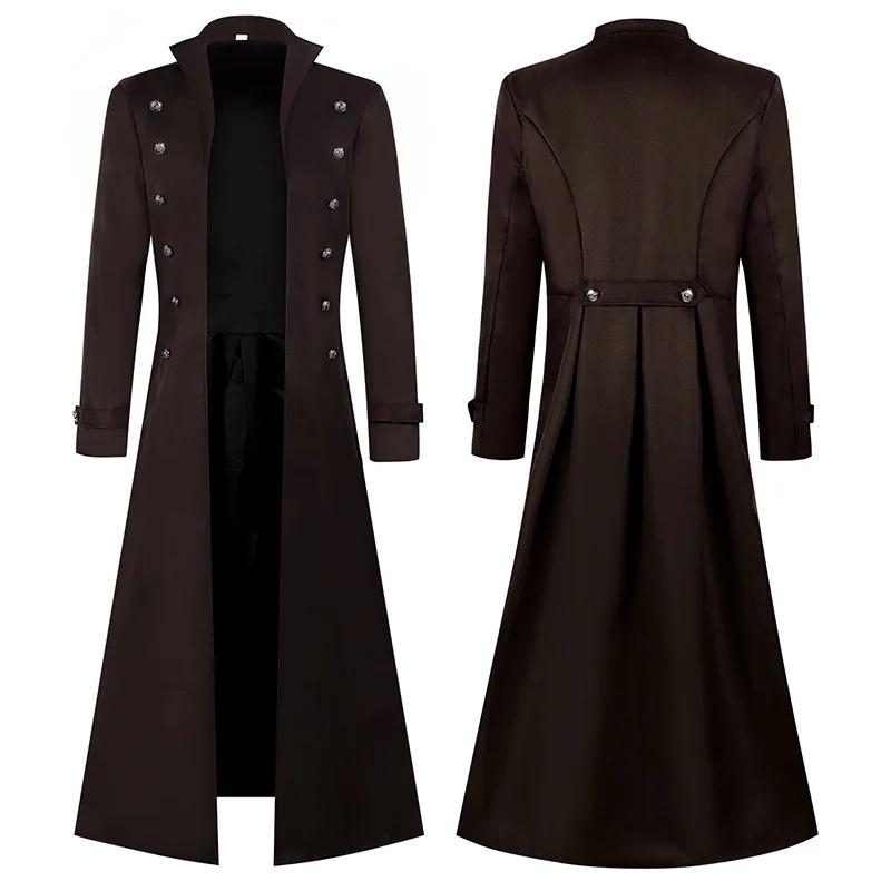XS-5XL Übergröße Herren Gothic Trench Mittelalterlicher Steampunk Retro-Stil Lange Jacken Zweireihig Einfarbig Herren Vintage Lange Jacken XS braun