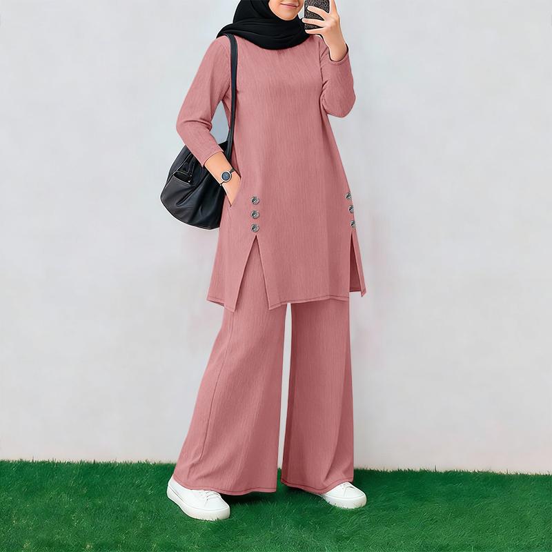 ZANZEA Damen Langarm-Bluse und Hose Muslimische Lässige Zweiteilige Anzugsets 3XL rosa