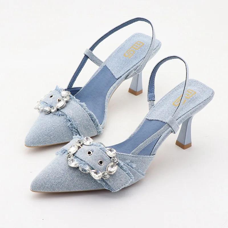 Mode Luxus Kristalle Schnalle Markenpumps Damen Hohe Qualität Denim Designer Schuhe Mode Spitzschuh Party Kleidschuh Zapatos De Mujer 36 blau