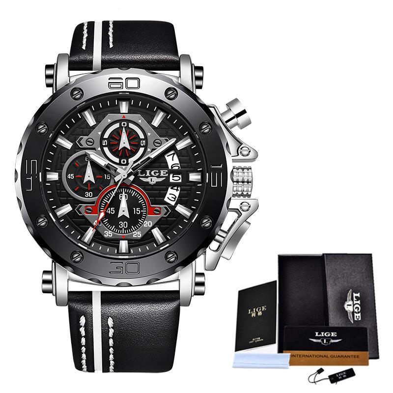 2020 Top Marke LIGE Männer Uhr Mode Sport Leder Uhr Männer Luxus Datum Wasserdicht Quarz Chronograph + Box silber/schwarz