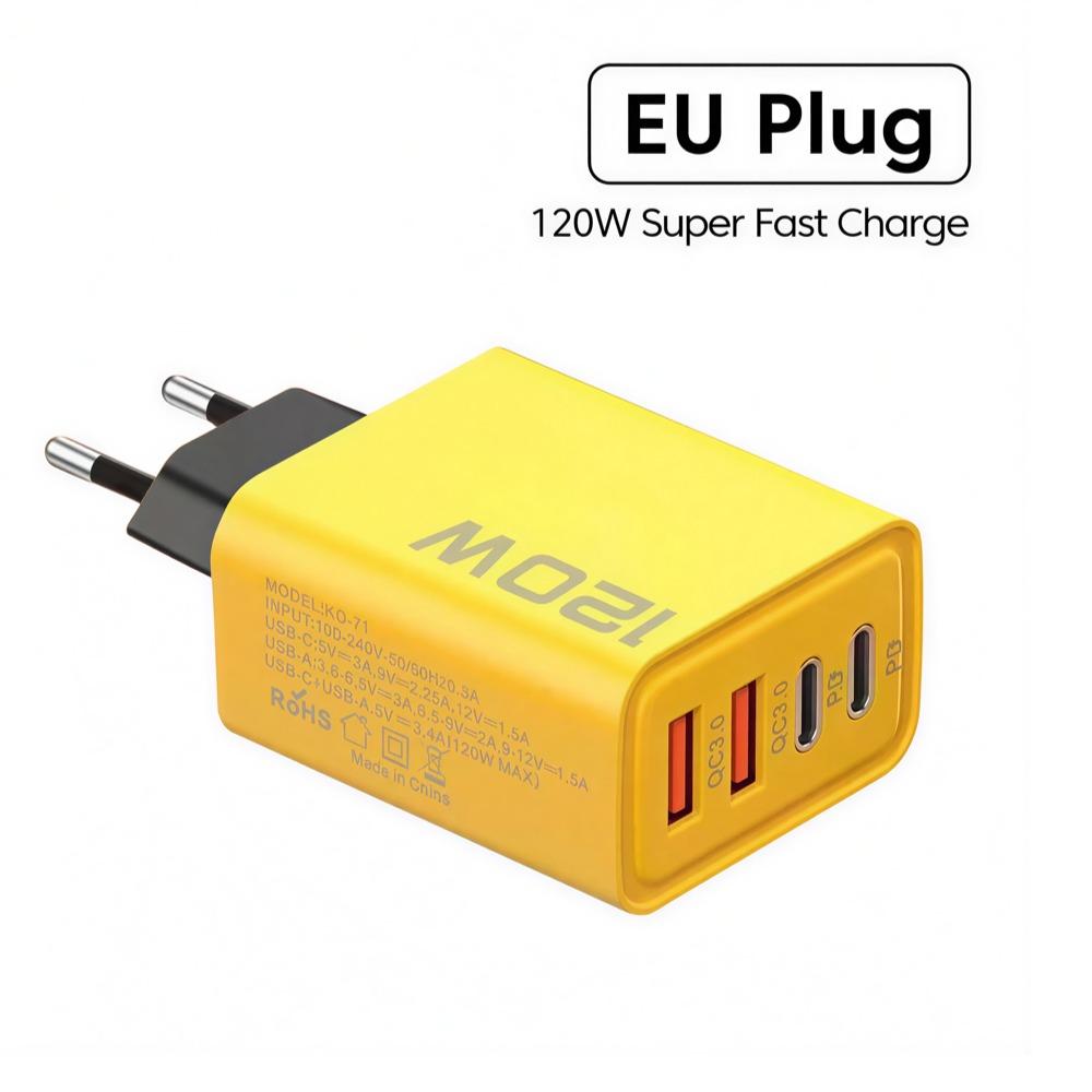 120W 4-Port-Telefonladegerät-Adapter 2 USB + 2 Typ C PD Schnelllade-Mobiltelefon-USB-Ladeadapter für iPhone Huawei Samsung EU Plug