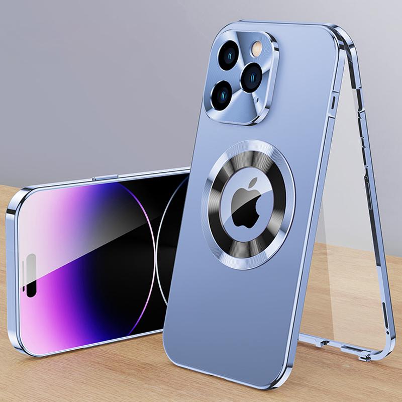 Luxuriöse magnetische Telefonhülle aus Aluminium von Aolly für iPhone 16 15 14 Plus 13 12 Pro Max. Vollständiger Linsenschutz. Metallabdeckung mit Logoloch für iPhone 15 14 Pro Max For iPhone 13 Pro Max blau