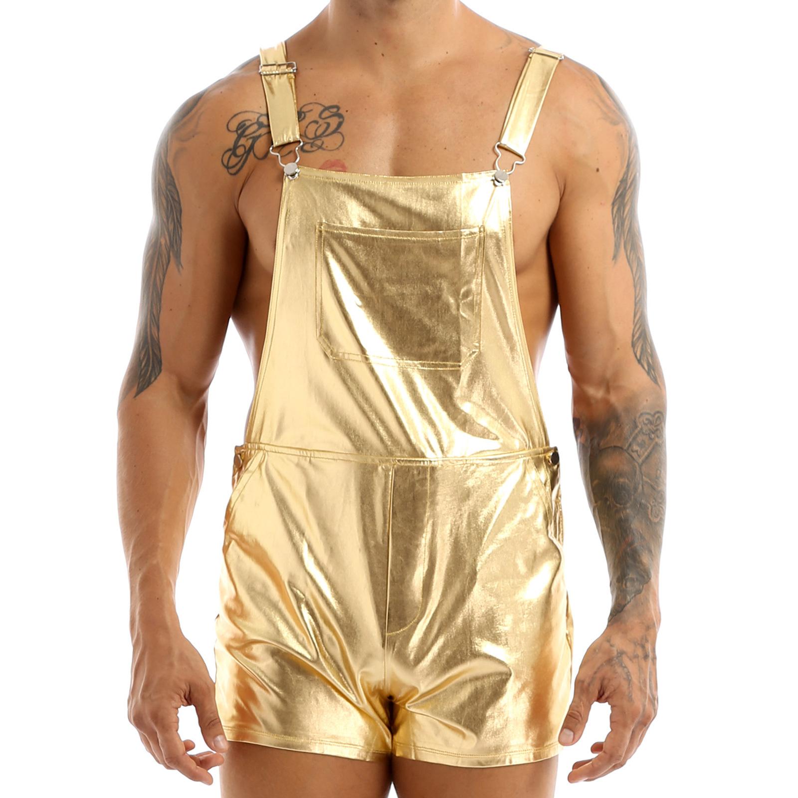 Glänzende metallische kurze Overalls für Herren, Trägershorts, lässige Strampler, Rave-Club-Kostüme XL gold