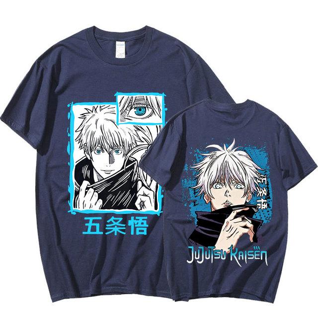 Anime Jujutsu Kaisen Satoru Gojo Grafik Gedruckt T-shirt Männer Frauen Casual Kurzen Ärmeln Baumwolle Sommer T-shirts Übergroßen Gothic Streetwear L navy blau
