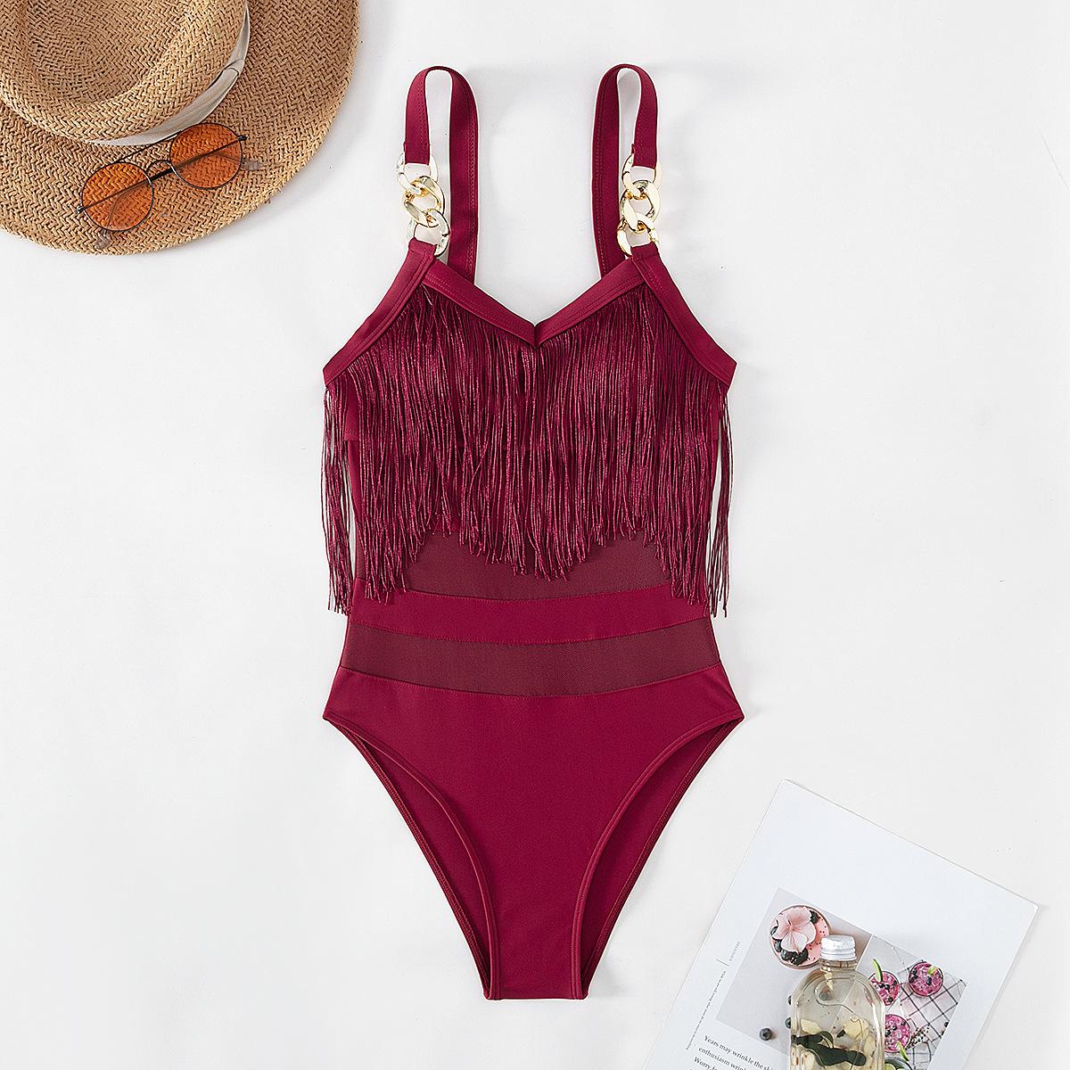 Sexy Solide Bademode Kette Einteiligen Badeanzug Weiblichen Quasten Badeanzug Badeanzug Frauen Bademode Maillot De Bain Monokini XL bordeaux