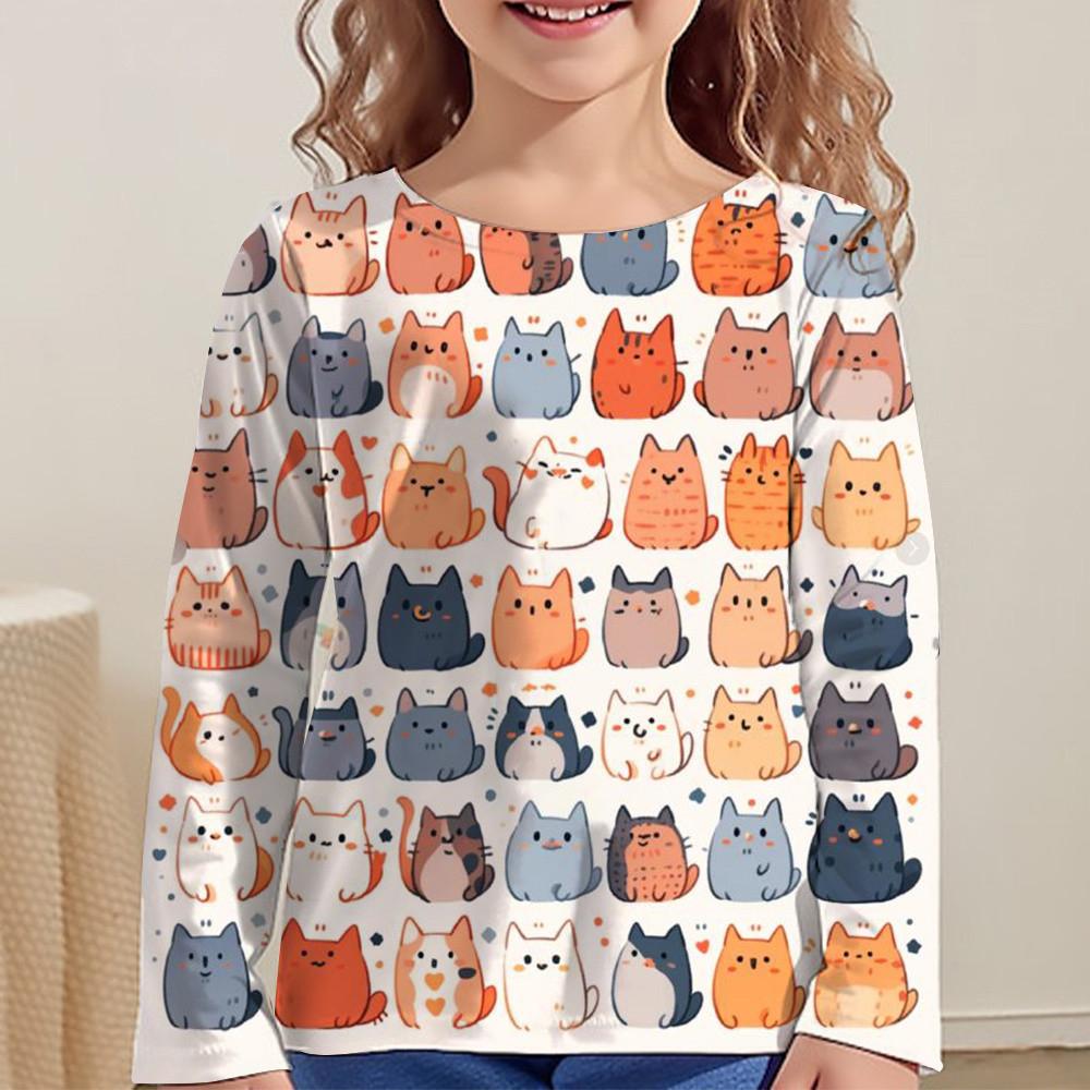 Kinderbekleidung für Mädchen Cartoon T-Shirts für Kinder 2023 Herbst Langarm Teenager 10 Jahre alt Mode Tops Katzen T-Shirt 120