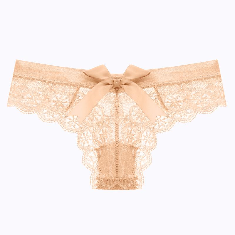 Sexy Spitzen-Tanga für Damen, Schmetterling, niedrige Taille, Höschen, transparenter Ausschnitt, Dessous, Damen-Slip, T-Rücken, Damenunterwäsche M beige