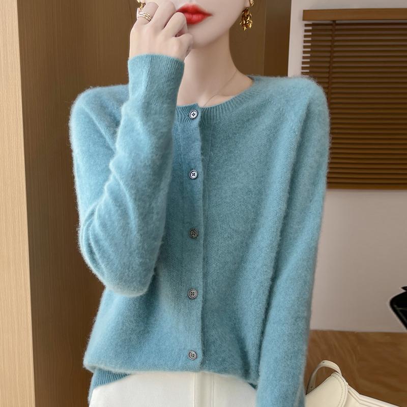 Damen Rundhals Strickjacke Qinghe Kaschmir 30% Kaschmir 70% Wolle Damen Herbst und Winter Kaschmir Strickjacke weich und warm L meergrün