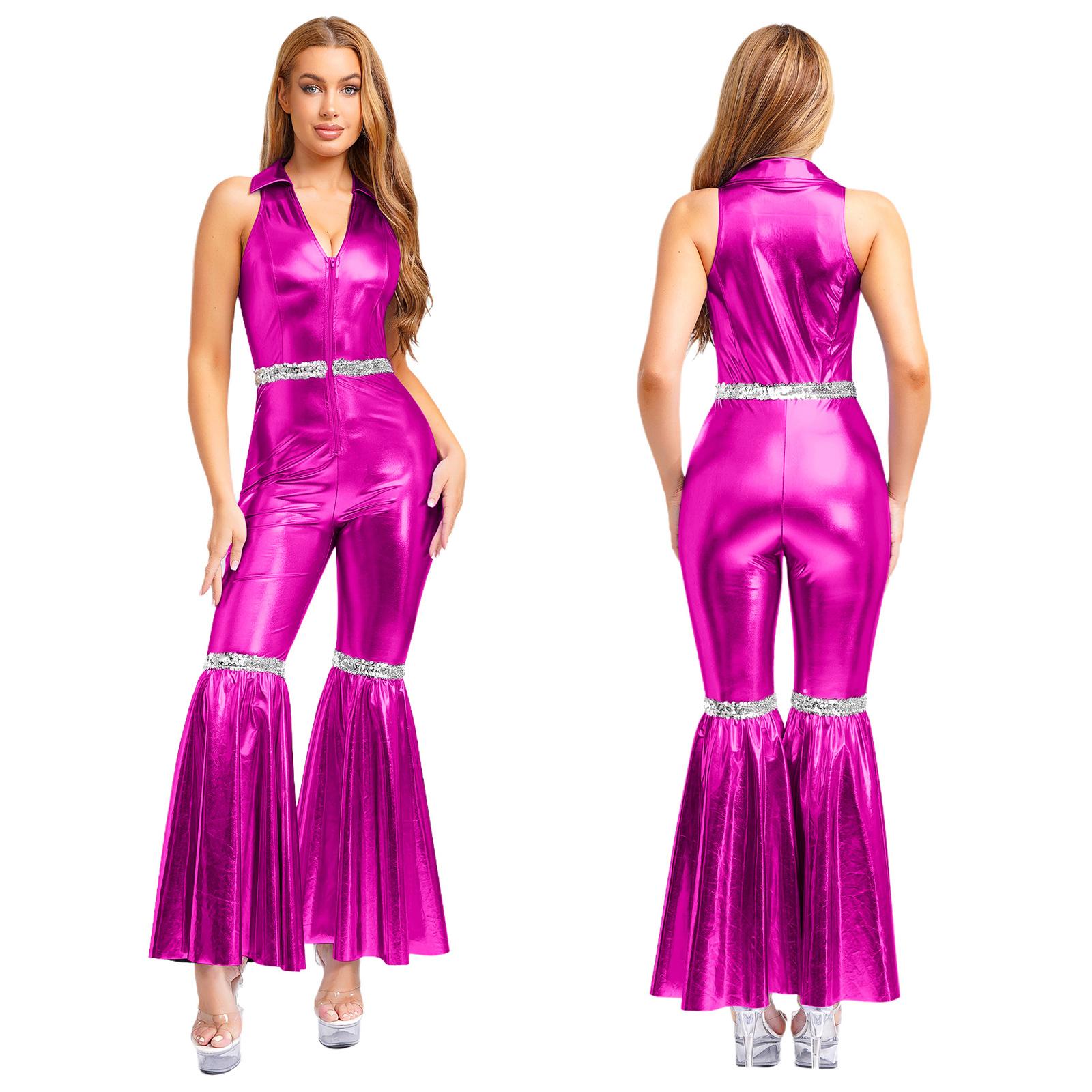 Damen 70er Disco Jumpsuit - Revers V-Ausschnitt Ärmelloser Jumpsuit mit Pailletten & Schlaghosen für Retro-Party S heißes rosa