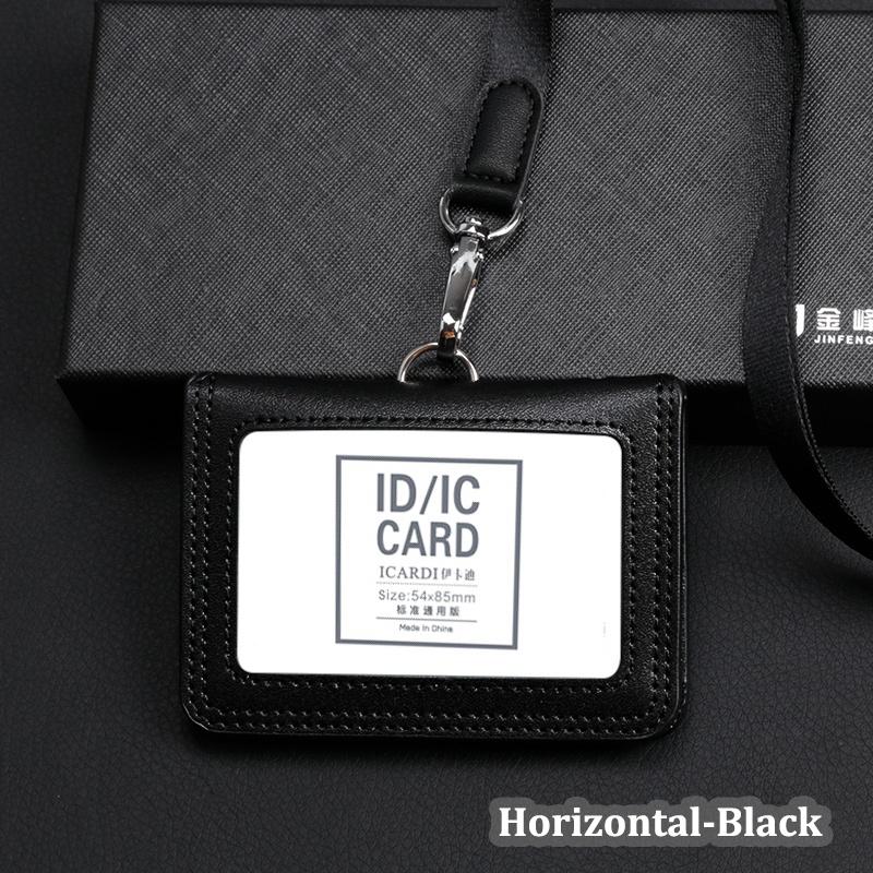 Hochwertiger Ausweishalter aus echtem Leder für formelle Arbeitsausweise und Namensschilder mit Umhängeband Horizontal schwarz