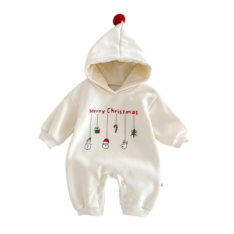 Weihnachts-Baby-Overall, Fleece-Futter, Neugeborener Strampler, Jungen- und Mädchen-Kleidung, mit Kapuze, Kleinkind-Outfit, Kinder-Onsie für Neujahr 90 beige