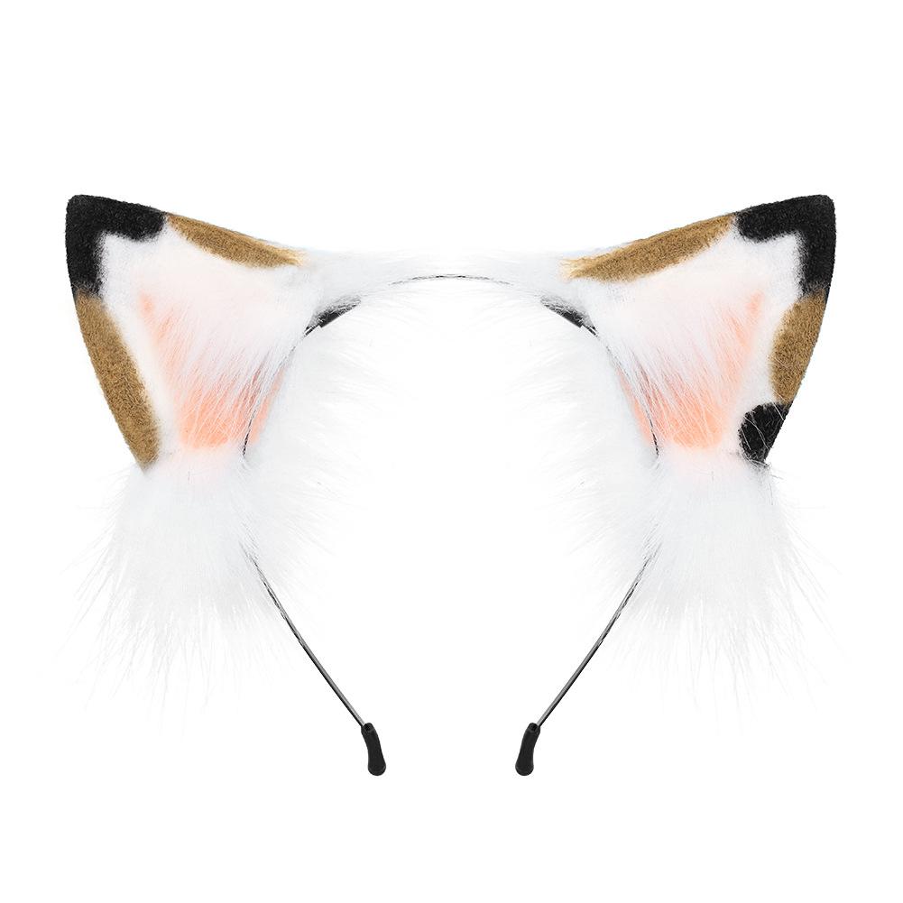 Süßes Plüsch-Tigerkatzen-Drei-Blumen-Katzen-Tier-Ohr-Schwanz Comic Show Cosplay Katzen-Stirnband Katzen-Schwanz-Set Requisiten white