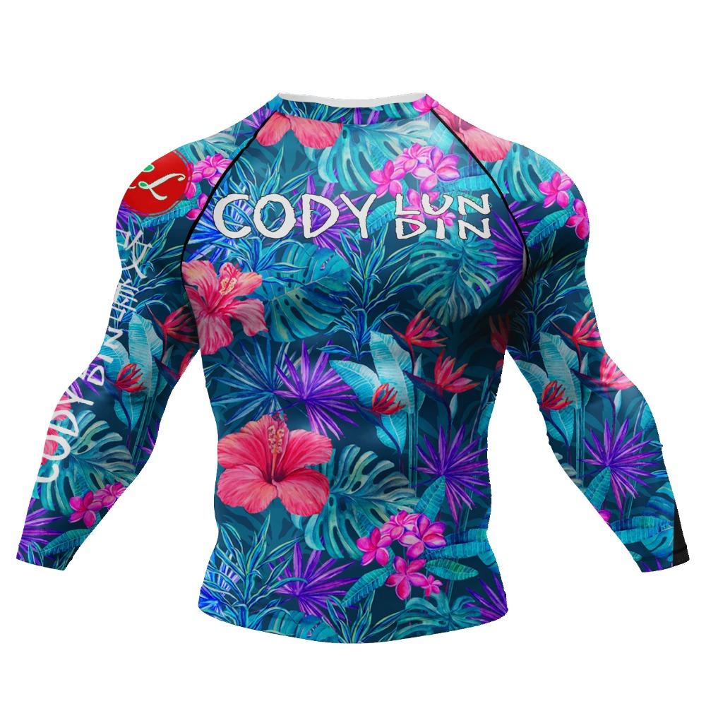 Cody Lundin Wrestling BJJ Jiu Jitsu Rash Guard für Herren 3D Sublimation Tattoo Enganliegend Langarm Kickboxen Trikot M blue