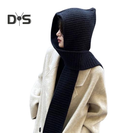 Strickmütze mit integriertem Schal, winddicht, dicke Kopfbedeckung, gewickeltes Design, Mütze, Ohrenschutz, Fotografie-Mütze, wendbarer Schal, Outdoor-Kappe schwarz