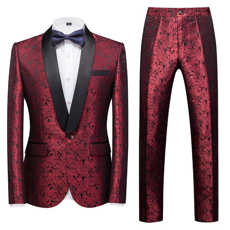 Herrenbekleidung Stilvoller formeller Anzug 2-teiliges Set Herrenanzug Blumenmusterdruck Geschäftsbüro Hochzeitsanzug Jacke + Hose Anzüge und Blazer 5XL rot