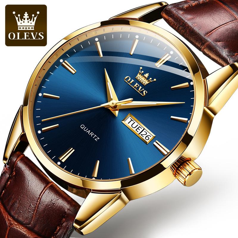 OLEVS Quarzuhren für Herren, wasserdicht, hochwertig, exquisites Echtlederarmband, Business-Armbanduhr für Herren, Kalender golden case blue dial
