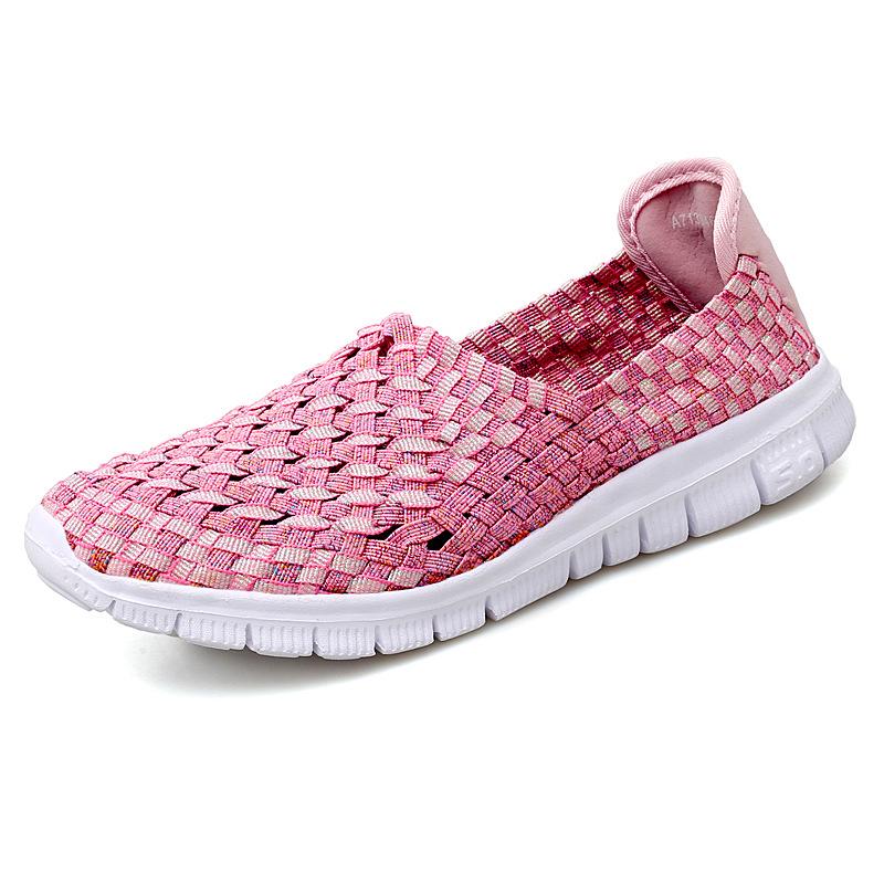 Damen Sneakers Sommer Atmungsaktiv Leichte Slipper Damen Flache Schuhe Damen Loafer Manuell Gewebte Flache Damen Freizeitschuhe 42 rose rot
