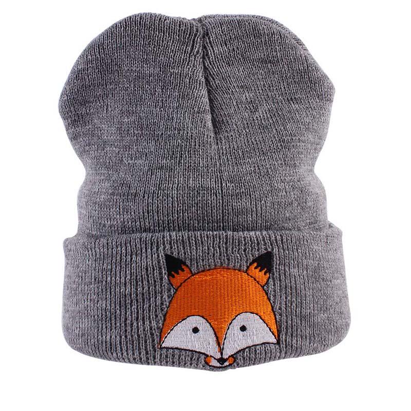 Kinder Cartoon Fuchs Muster Stricken Baby Hut Herbst Kinder Winter Kappe Warme Mützen Caps licht grau