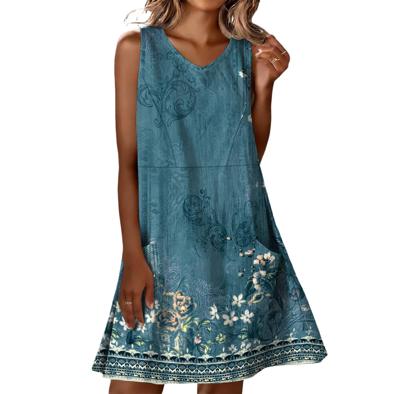 Sommerkleider für Damen Locker Strandurlaub Lässig Ärmellos V-Ausschnitt Sonnnenkleider Mit Taschen Trägerkleid XXXL cyanblau