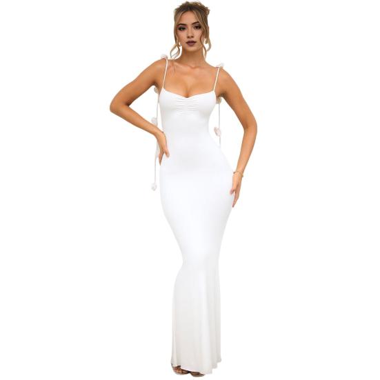 Abendkleid für Damen, 3D-Rosendekor, Spaghettiträger, rückenfrei, ärmellos, V-Ausschnitt, schmale Passform, Cocktailparty-Maxikleid, Damen-Bankett-Hochzeits-Maxikleid S weiß