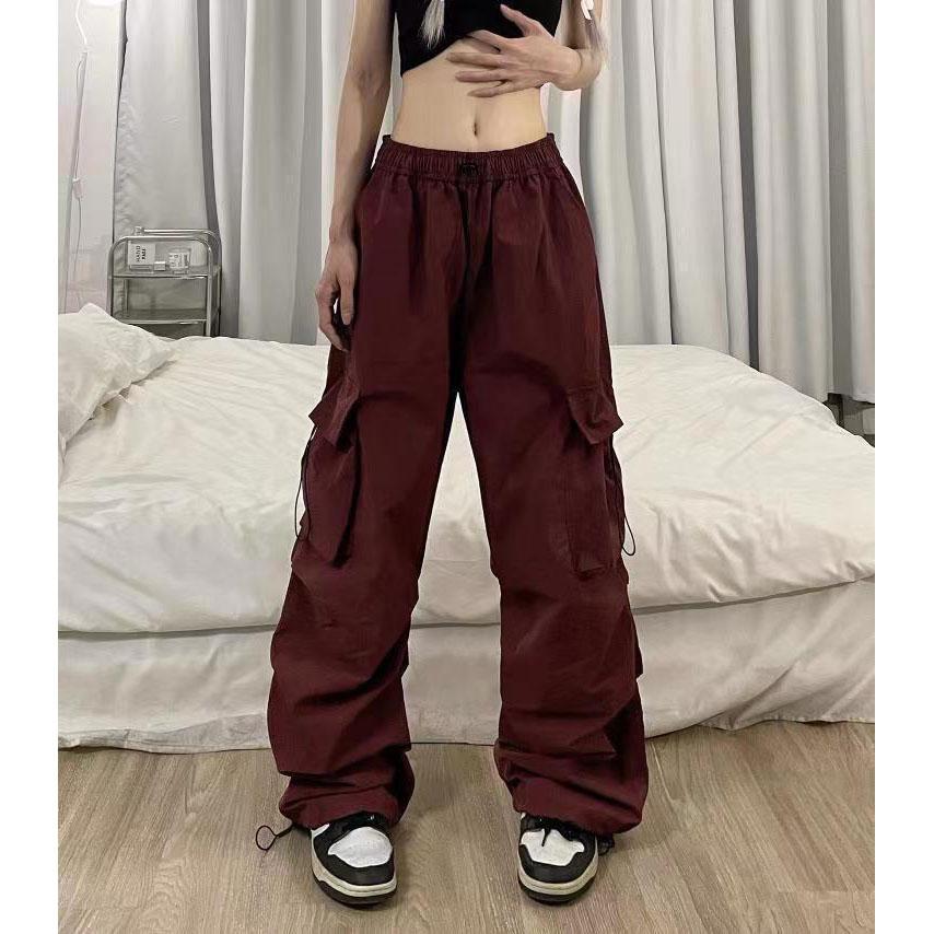 Streetwear Frühling Harem Casual Hosen Männer Elastische Taille Einfarbig Cargo Hosen Multi Tasche Lose Baggy Hosen für Frauen XXXXXL wein rot