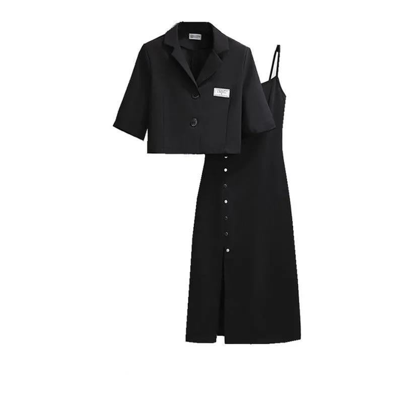 Zweiteiliger Anzug, Hosenträgerkleider, Damenanzug, Schwarz, einfacher Anzug, kurze Freizeitjacke + Hosenträgerkleid, Schwarzer Anzug M schwarz