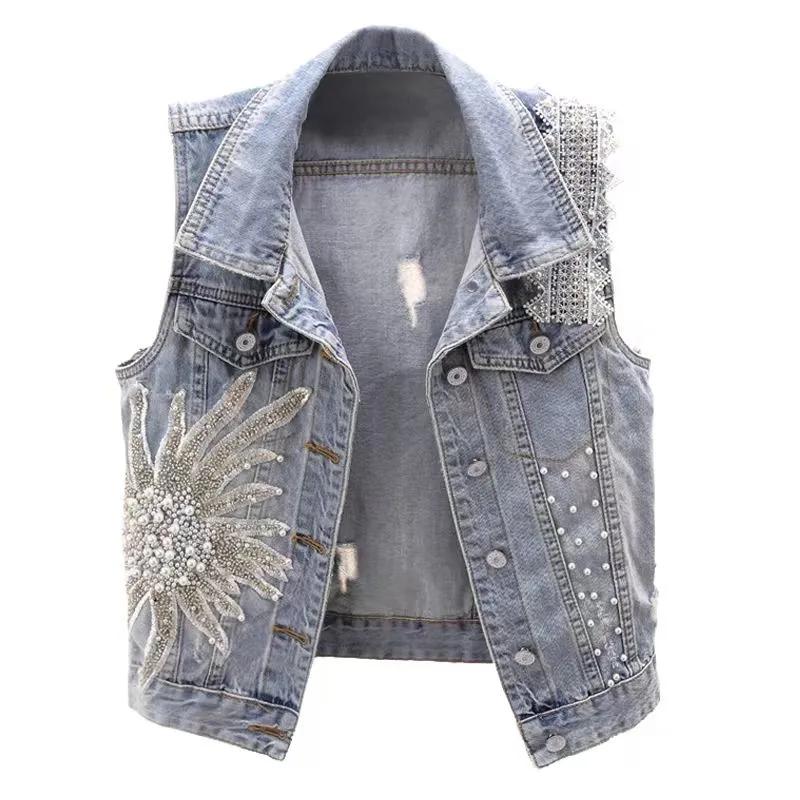 Frühling Koreanische Spitze Perlen Denim Weste Damen Kurze Ärmellose Weste Jacke Top Weste Trend Große Größen Lässig XXXL