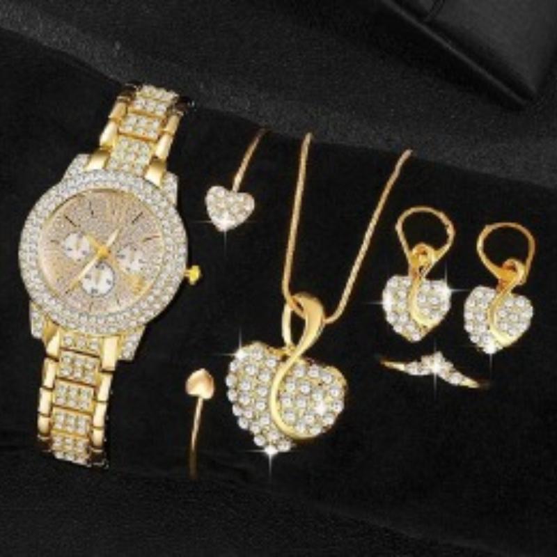 6-teiliges Damenuhren-Set, luxuriöse Strass-Quarzuhr, römische Mode-Analoguhr und Schmuckset, Geschenk für Mama und Sie