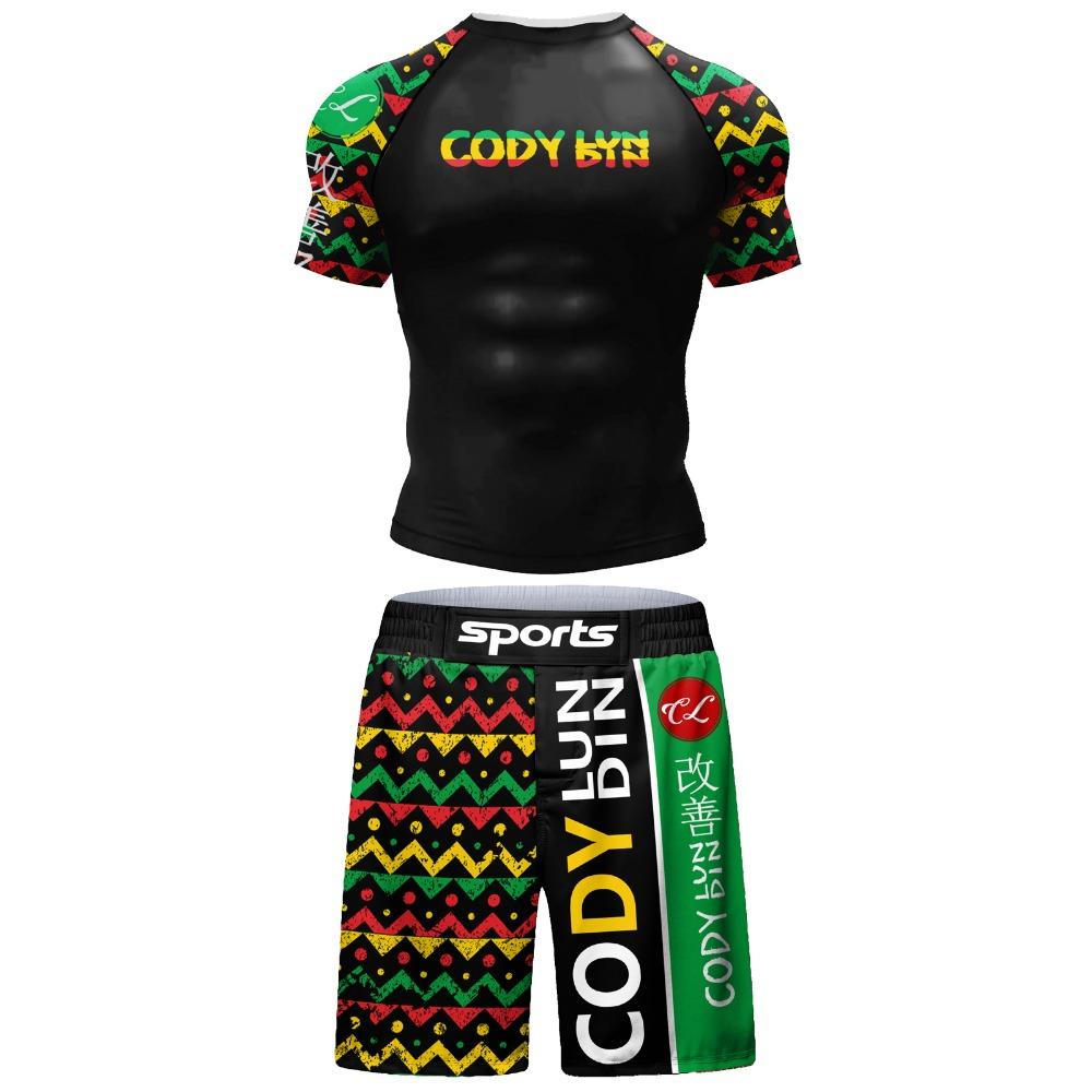 Fitness Sportbekleidung MMA Rash Guard Boxen No Gi Jiu Jitsu T-Shirt+Shorts 4er/Sets Rashguard Herren BJJ Muay Thai Enge Kleidung 6XL black