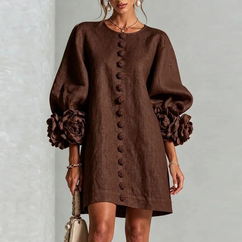 Damen Lockeres Minikleid Rundhalsausschnitt Puffärmel Langarm 3D Blumenmanschette Dekorativer Knopf Vorne Freizeit Leinenoptik Damen Kurze Kleider L braun