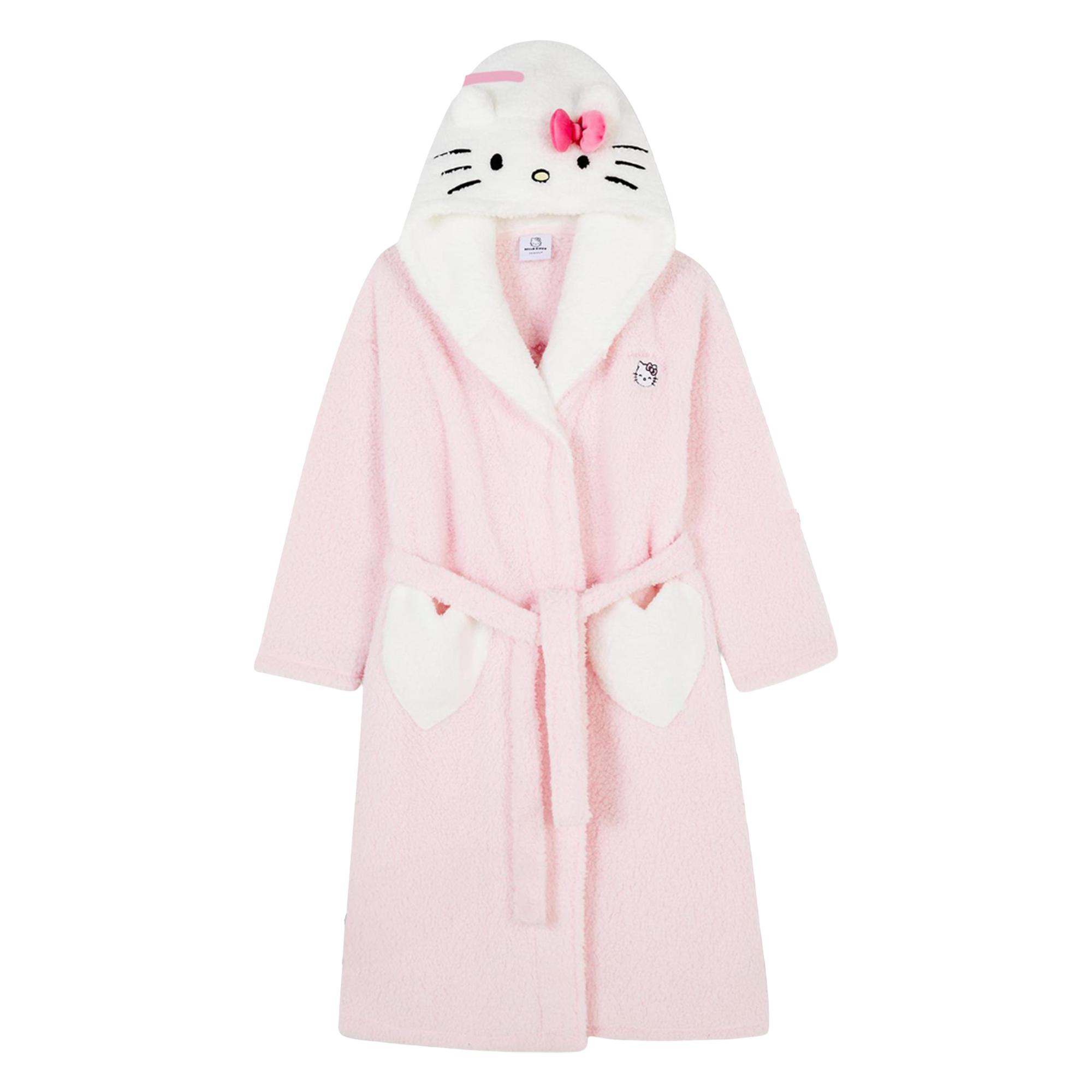 Hello Kitty Damen 3D Ohren Borg Bestickter Morgenmantel XXL weiß/rosa