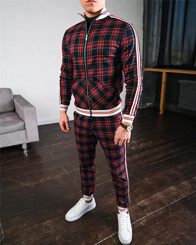 Herren-Sets, modische Jacken, Herren-Trainingsanzug-Sets, kariert, lässig, Reißverschluss-Set, Sommer-Trainingsanzug-Set, männliches Sweatshirt, Sportanzug M