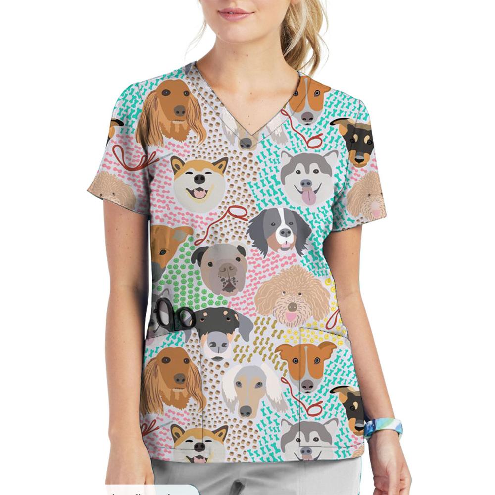 Krankenschwester Uniform Damen Oberteile V-Ausschnitt T-Shirt Cartoon Katze Hund Bedruckte Oberteile Uniform Kurzarm Taschen Medizinische Weibliche Krankenschwester Uniform 2XL beige