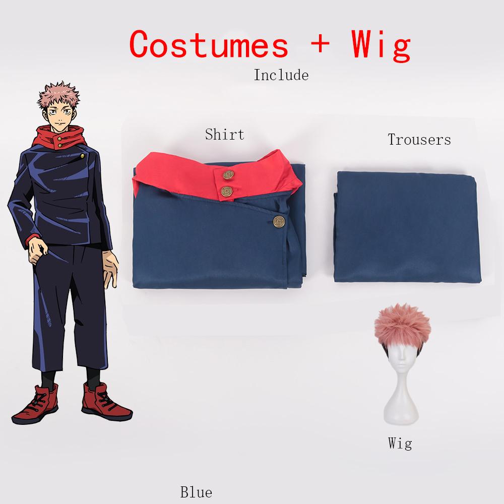 Jujutsu Kaisen Itadori Yuji Cosplay Kostüme Top Hosen Kinder Halloween-Party Anime Uniform Set Karneval Maskerade Party Perücke Set M blau/rosa