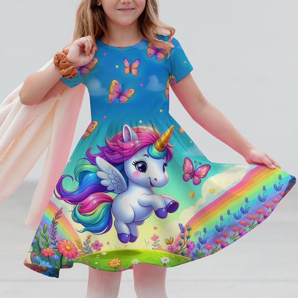 Sommerkleider für Mädchen Einhorn Kinder Kurzarmkleid Cartoon Kleinkinder Freizeit Gerade Kleider Kinderkleidung 3-12 Jahre 110 blue