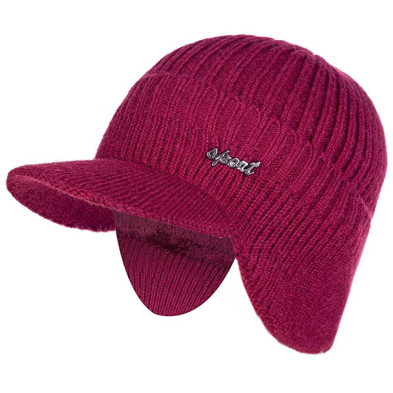 Neu hinzufügen Pelzgefütterte Wintermützen Stilvoll mit Krempe Weiche Beanie-Mütze für Männer Frauen Klassische gestrickte Ohrenklappenmütze Warme Mützen mit Ohren 54cm-62cm rot