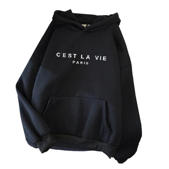 Lange Ärmel Fronttasche Kordelzug Fleece Futter Pullover Hoodie Herbst Winter Brief gedruckt lose Frauen Sweatshirt Streetwear S schwarz