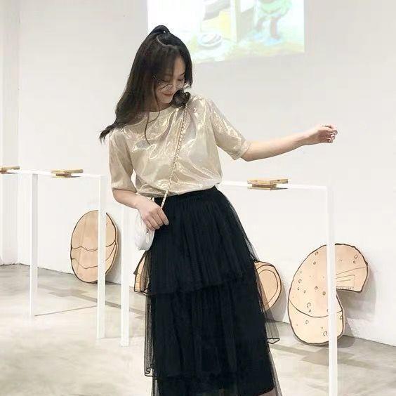 Lose glitzernde stilvolle helle Sommer-Frauen Korea Lady Shining T-Shirts Basic Tees Streetwear Tops 5XL apricot