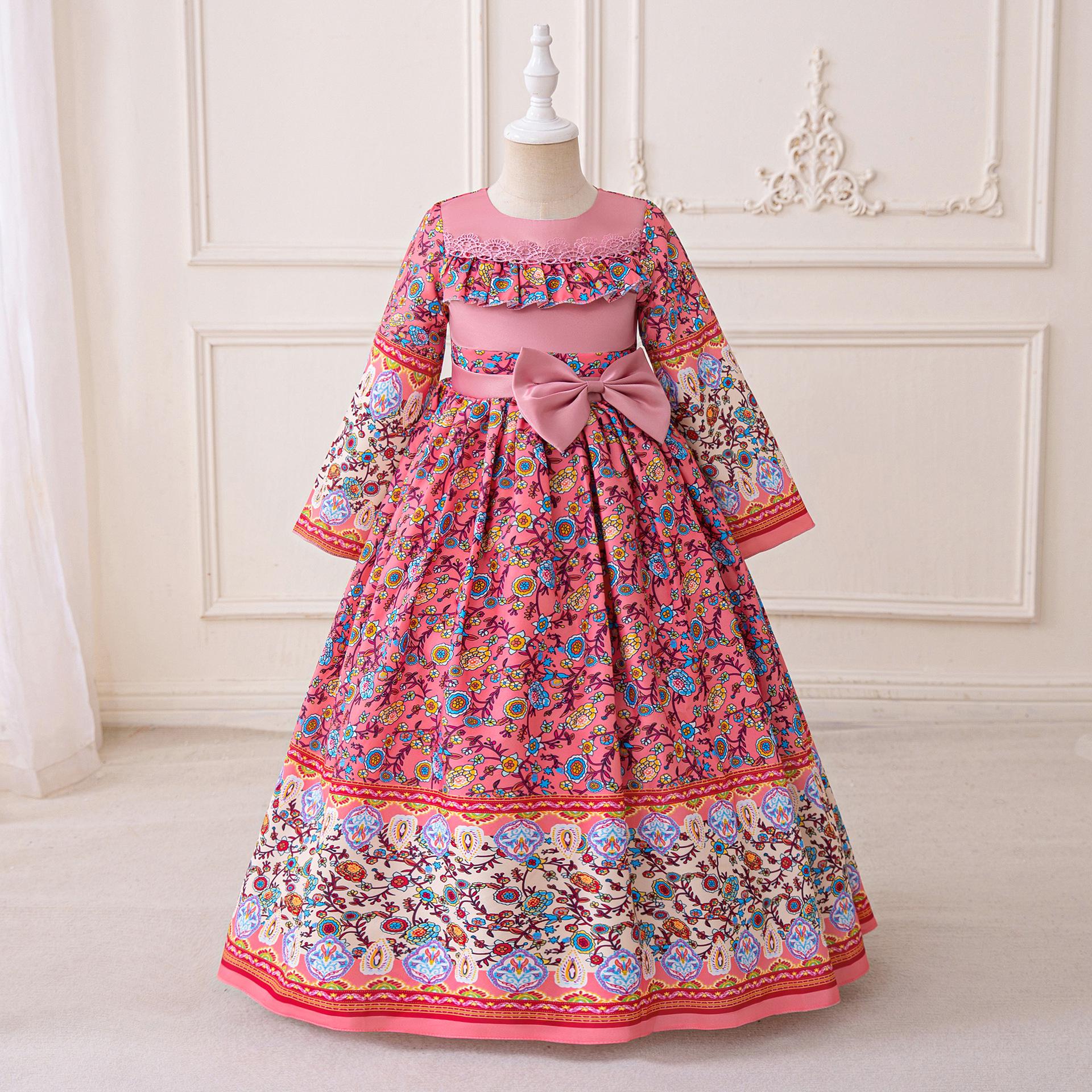 Langärmeliges Schleifenkleid für Frauen und Kinder aus dem Nahen Osten - Festival- und Abendkleid 120cm/5Y pink