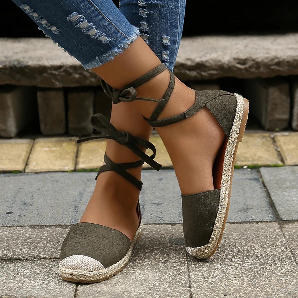 Mode 2024 Neue Damen-Flat-Schuhe, modische Schnürsandalen mit geschlossener Spitze, flache Sandalen für Damen, Freizeitschuhe, römische Übergrößen, Damen-Wanderschuhe 43 grün