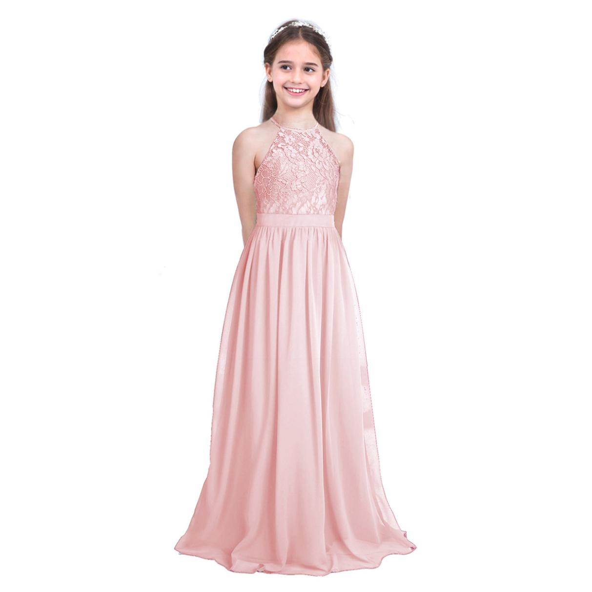 Kinder Mädchen Ärmellos Neckholder Spitze Chiffon Prinzessin Festzug Abendkleid Hochzeit Brautjungfer Blumenmädchen Kleid 12-14 Years rosa