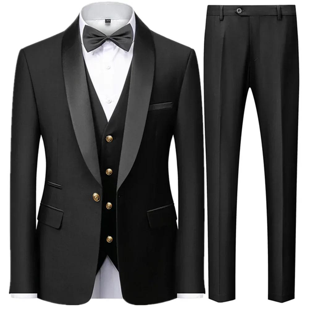 Herrenanzug Groomsmen Regular Fit Smoking 3-teiliges Set Jacke+Hose+Weste Blazer Hosen 6XL schwarz