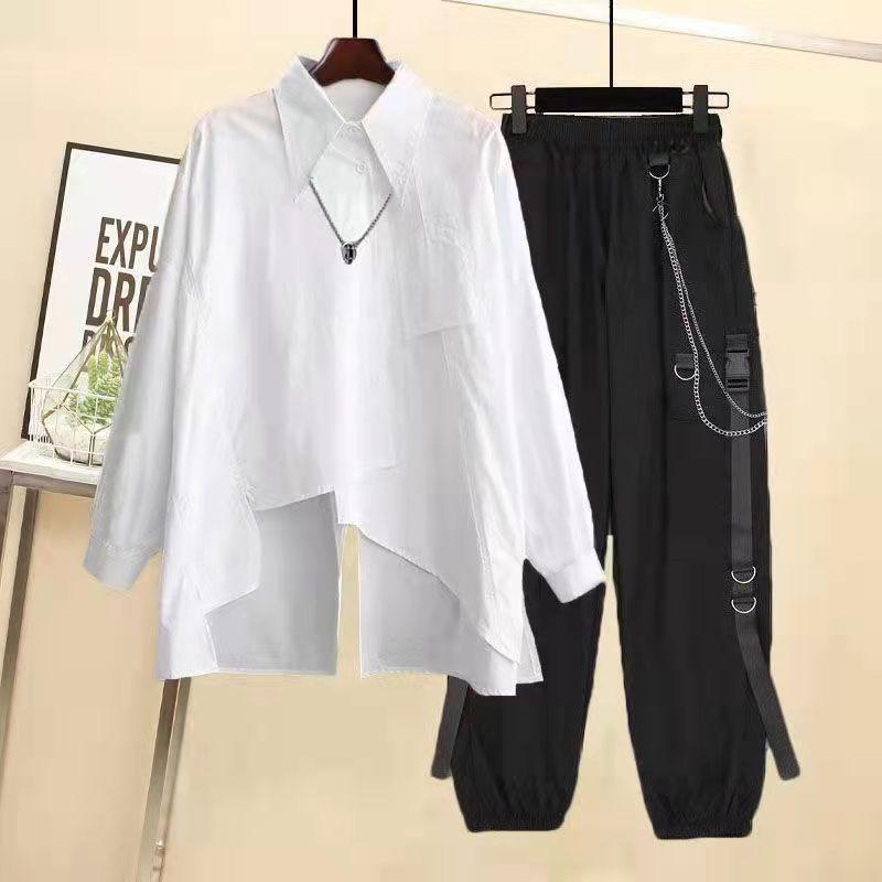 Frauen Streetwear Zwei-stück Anzug Splice Kette Lange Hülse + Band Kette Hosen Harajuku Cargo Hosen 2 Stück Sets frauen Outfits XXL weiß