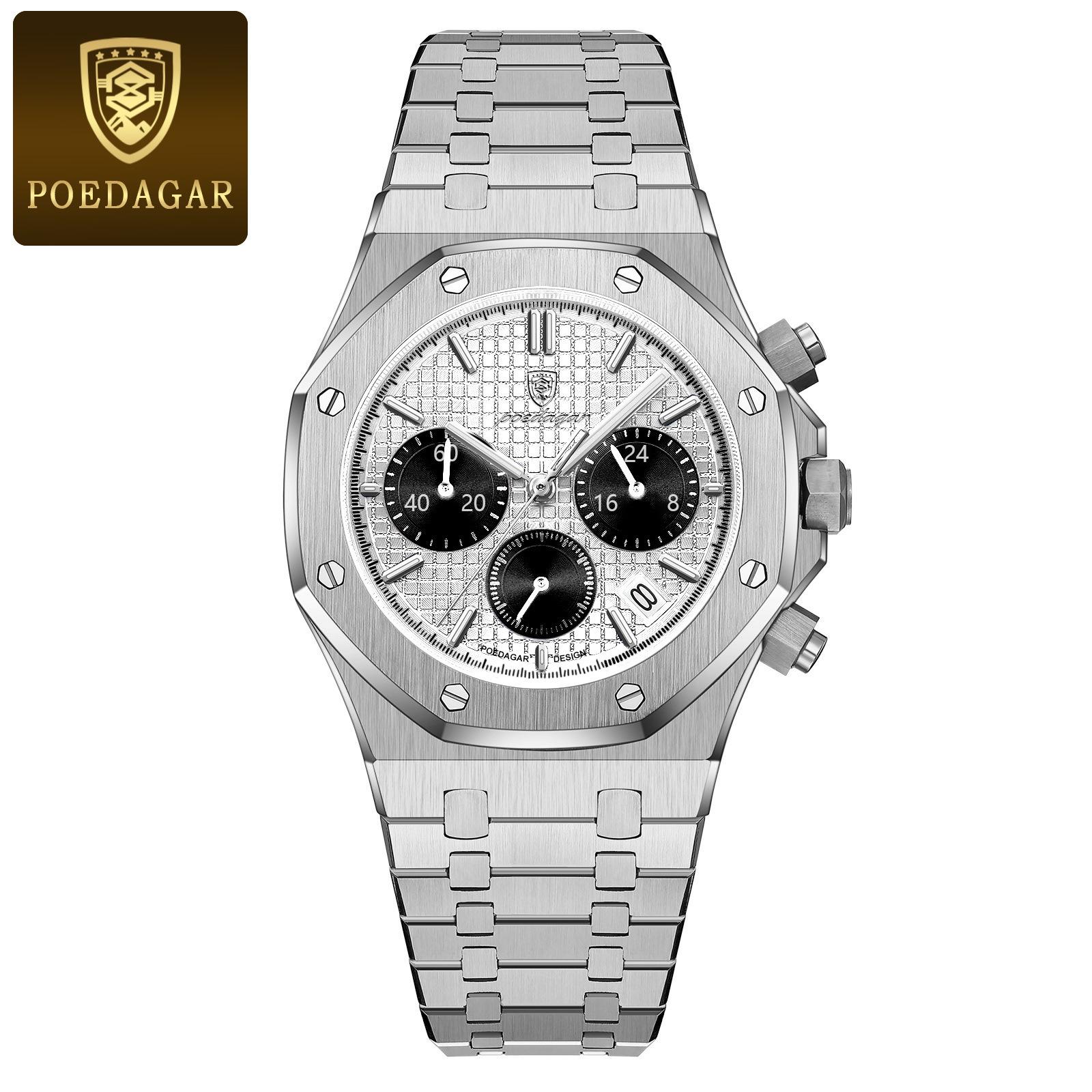 POEDAGAR Herrenuhren Feiner Stahl Modische Original-Quarzuhr für Männer Wasserdicht Leuchtende Datums-Chronograph Luxus-Armbanduhr weiß/silber