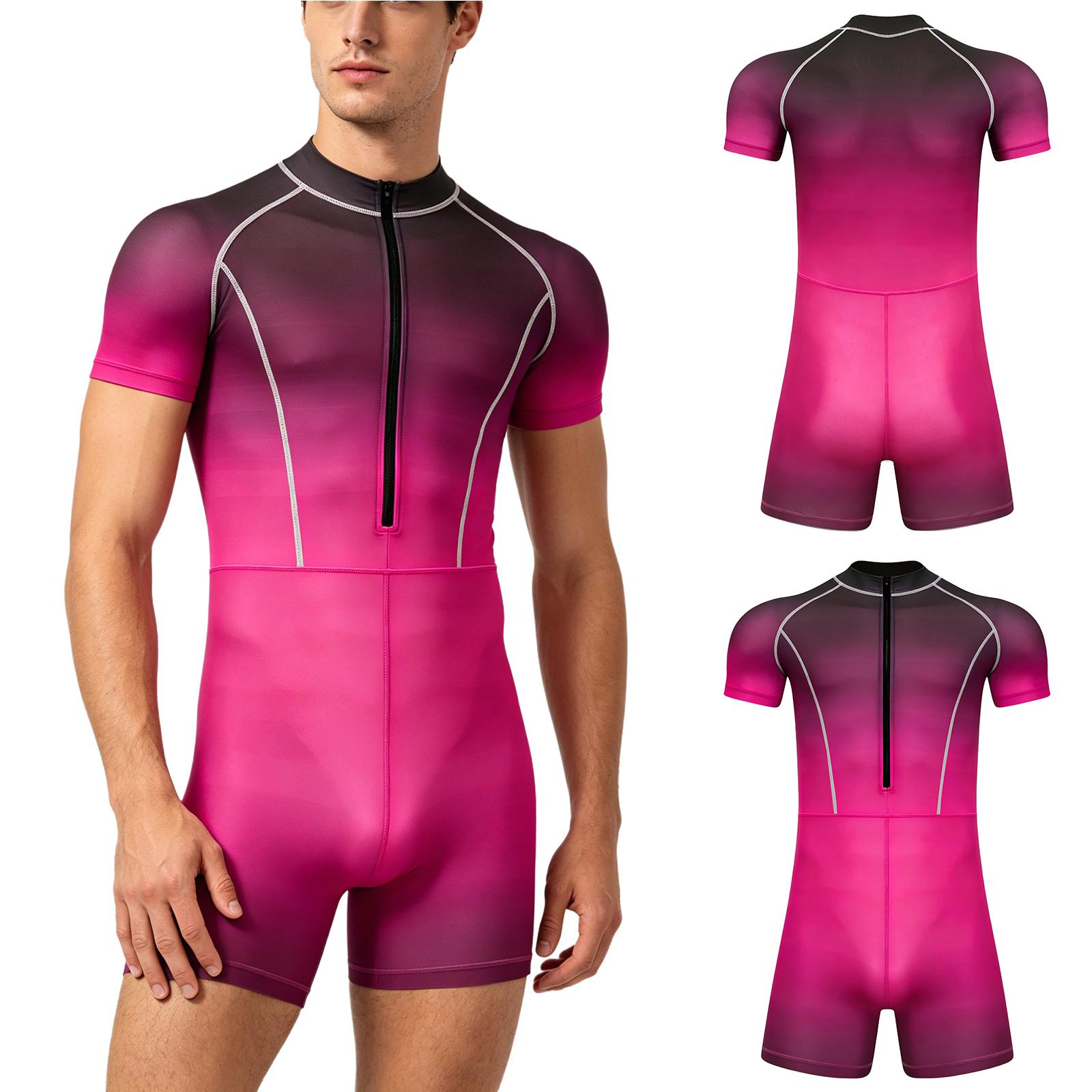 Herren Einteiler Badeanzug Farbverlauf S-3XL Kurzarm Reißverschluss vorne Boyshorts Rash Guard Jumpsuit zum Surfen Schwimmen Tauchen L heißes rosa