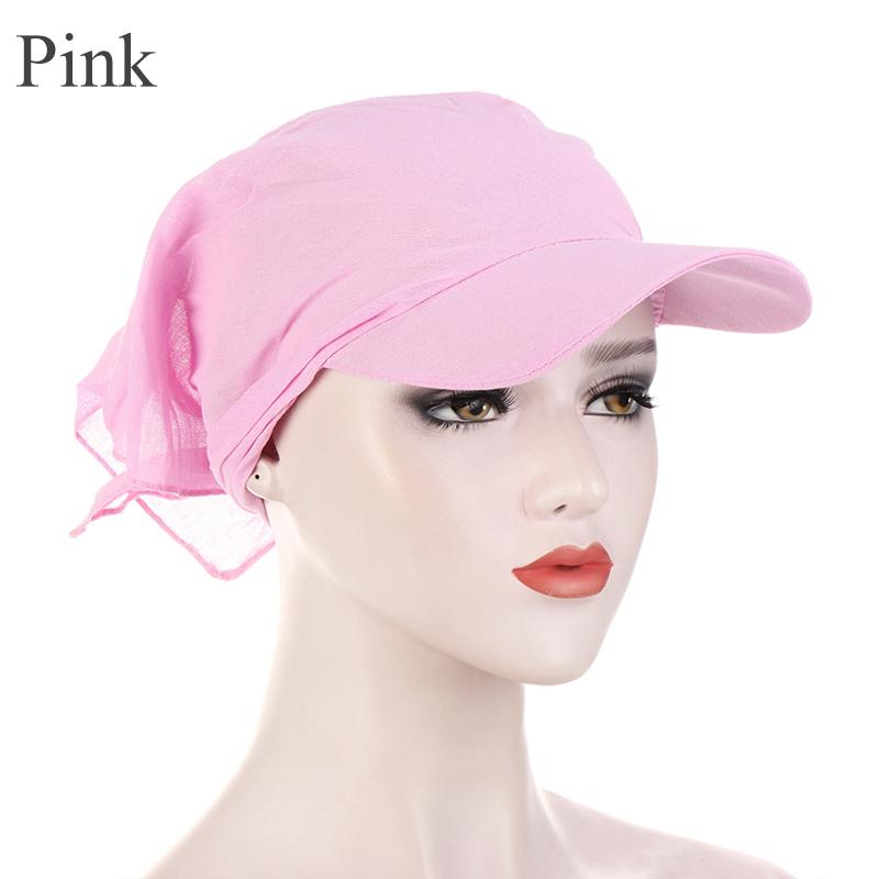 1 Stück Damen-Turban-Kappen, Durag-Krempe, Sonnenblende mit vorgebundenem Kopftuch, Hijab, Muslim, reine Farbe rosa
