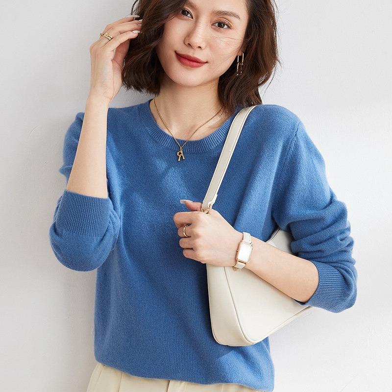 Frühling und Herbst Damen Pullover Pullover Strickpullover Rundhals Langarm Pullover Bottom Shirt Einfarbiger Pullover L blau