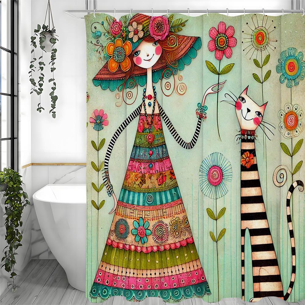 Cartoon Kleines Mädchen Katze Floral Duschvorhang, Badezimmer Dekorativer Duschvorhang, Wasserdichter Duschvorhang mit Haken 200*180cm