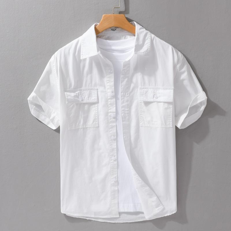 Sommerhemden für Herren Japanischer Stil Cargo Kurzarmhemd Doppeltaschen Arbeitskleidung Herrenoberteile Reine Baumwolle Freizeithemden XL weiß