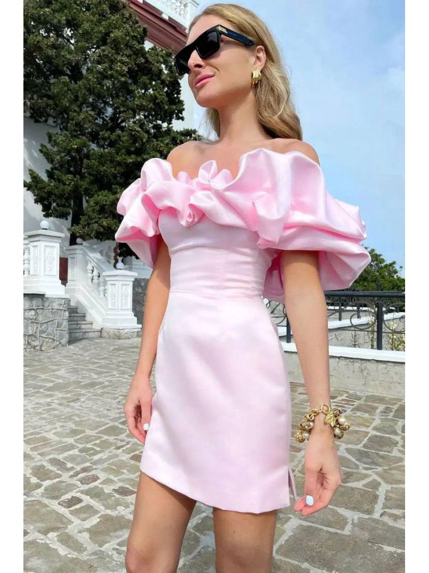 Elegantes Off-Shoulder Rüschenkleid für Damen, Europäisch & Amerikanisch - Einfarbiges Bandeau-Abendkleid Small rosa